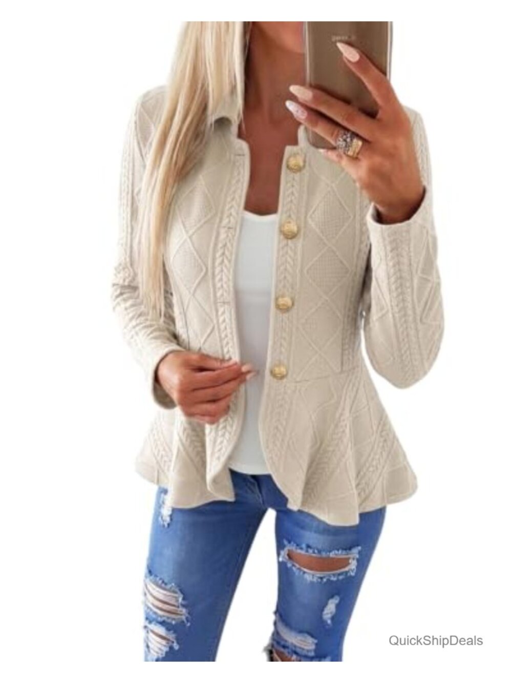 Cable Knit Button Front Cardigan Ruffle Hem Lightweight Casual Jacket